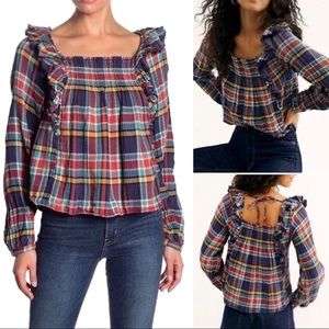 We The Free double gauze plaid navy long sleeve ruffled top